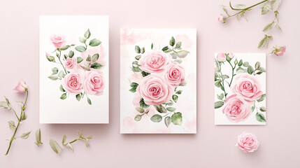 Set of wedding and birthday invitation cards with hand drawn roses Elegant lily wedding card set, Collection of premade templates, with pink flower bouquets and leaf branches.