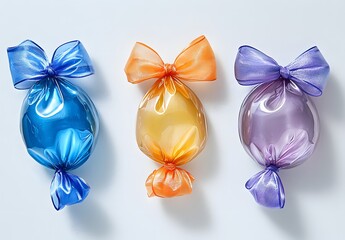 Three Colorful Candies Wrapped In Shiny Cellophane Bows
