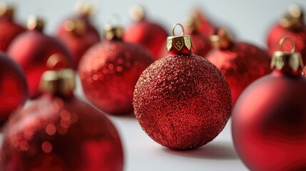 Merry Holiday Decor: Festive Red Christmas Baubles on Bright White Background