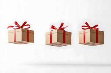 Obraz premium Three Gift Boxes With Red Ribbons Float In Air