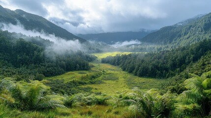 Obraz premium A lush green valley with a cloudy sky in the background