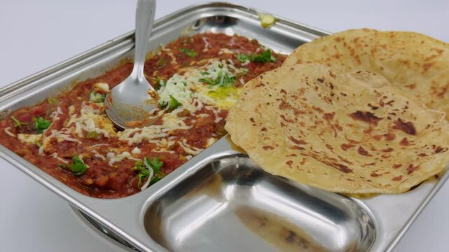 Displaying Indian Curry with Cheese and Flatbread
