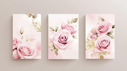 Set of wedding and birthday invitation cards with hand drawn roses Elegant lily wedding card set, Collection of premade templates, with pink flower bouquets and leaf branches.