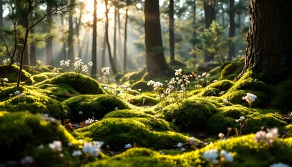 A serene forest scene in early spring, with soft sunlight pouring through budding pine trees, creating patterns on a velvety moss floor interspersed with clusters of delicate spring blossoms.