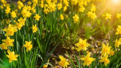 Fototapeta premium Vibrant daffodil flowers blooming in a sunlit field on a spring day, yellow, flora, environment