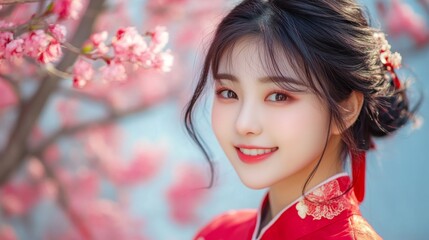 Korean girl smile wearing red cheongsam at lunar chinese new year festival, with copy space
