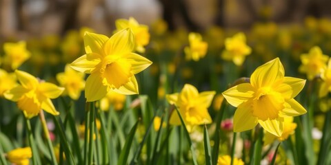 Obraz premium Vibrant yellow daffodil flowers blooming in a lush green field under the bright sun, daffodils, yellow, spring