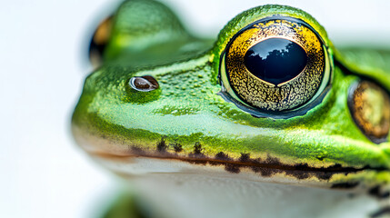 A close-up of a frog on a white background.