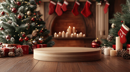 Wooden Podium in Cozy Christmas Setting for Seasonal Marketing Visuals for product presentation