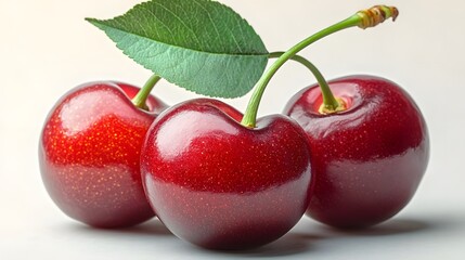Obraz premium Fresh Red Cherries with Green Leaf on White Background Healthy Organic Food Design AI Generated