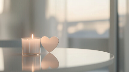 Heart Shaped Mirror with Candlelight Reflection on Modern Table