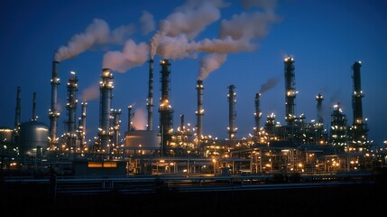 Fototapeta premium Industrial development and pollution oil refinery operations urban area night time industrial environment aerial view environmental concerns
