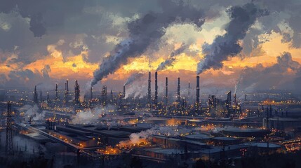 Industrial pollution on the rise urban factory landscape during sunset environmental impact imagery