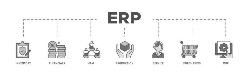 ERP infographic icon flow process which consists of inventory, financials, hrm, production, service, purchasing, and mrp icon live stroke and easy to edit .