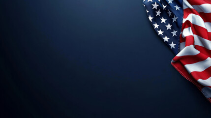  American flag on a navy blue background. Background wallpaper with an American symbol and a blank area for your message, web page template, banner, or poster mockup.