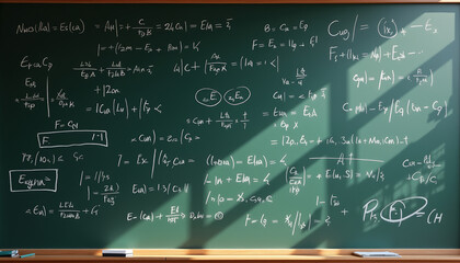 Detailed chalkboard filled with advanced mathematical equations and notations in a classroom