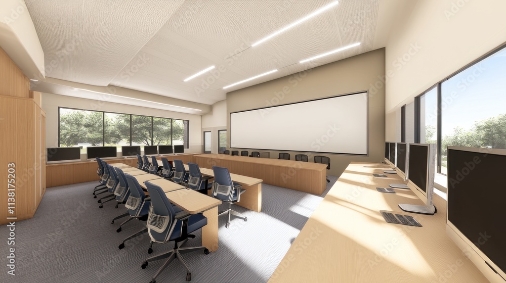 Poster modern computer lab classroom design with large windows, desks, and a projector screen.