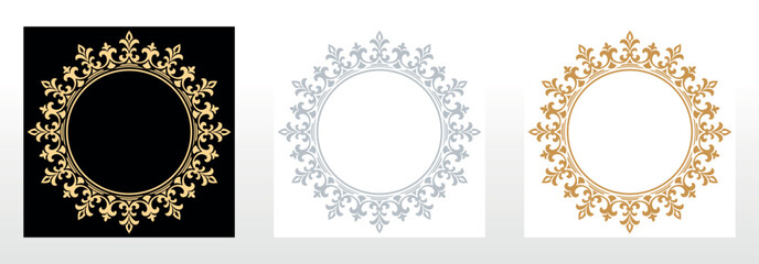 Set of decorative frames Elegant vector element for design in Eastern style, place for text. Floral black, golden and gray borders. Lace illustration for invitations and greeting cards