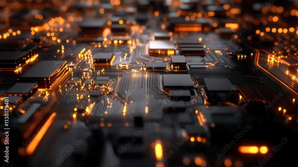 Poster close-up view of a circuit board with glowing orange lines and components, representing the intricat