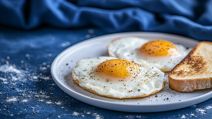 Perfectly cooked sunny-side-up eggs served on a plate with toast and seasoning on a blue tablecloth