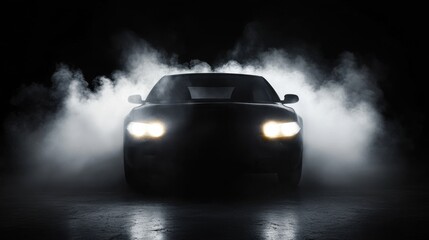 A sleek, black car with bright headlights emerges from a cloud of smoke in the dark
