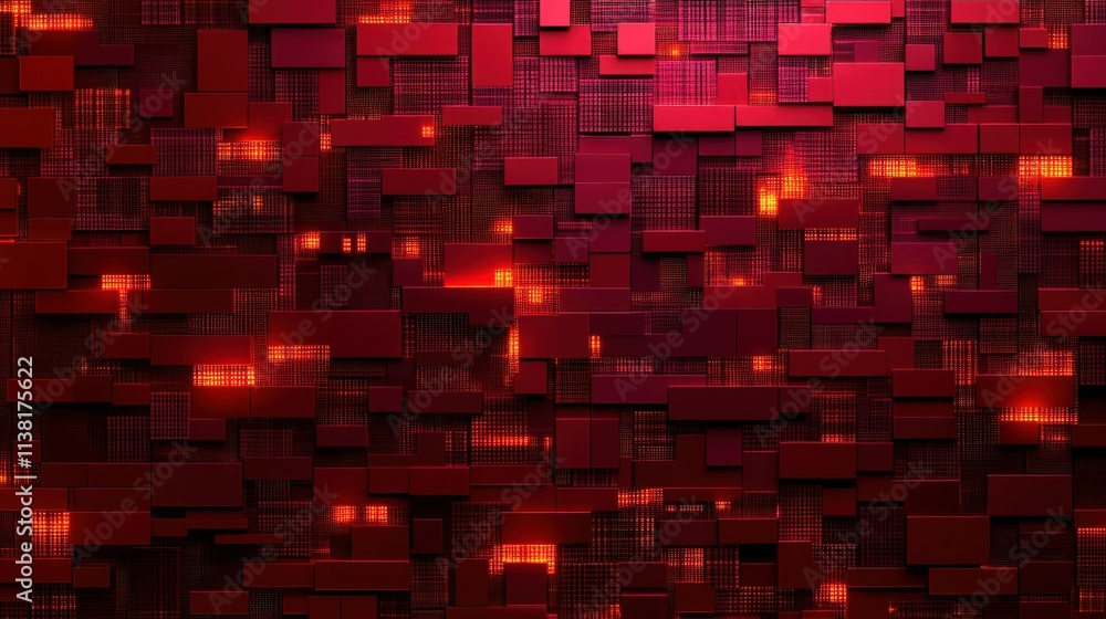 Poster dark red background with a pattern of squares, some of which are illuminated with a bright orange li