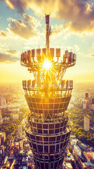 futuristic telecommunications tower with stunning sunset view, surrounded by vibrant cityscape