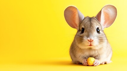 A cute small animal, possibly a chinchilla, sits on a vibrant yellow background, holding a snack, This image can be used for pet care articles, kids' themes, or cheerful designs,