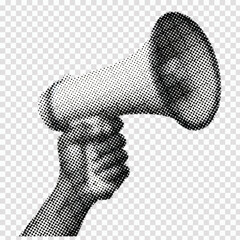 hand holding amplifier megaphone loudspeaker isolated retro pop art halftone effect collage element for mixed media dotted texture.