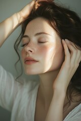 Naklejka premium Serene woman with natural beauty in sunlight