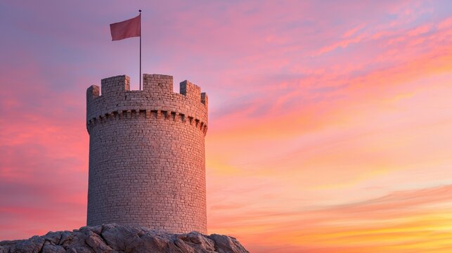 Coastal Stone Tower at Sunset