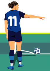 コーナーキックを蹴る女性のサッカー選手