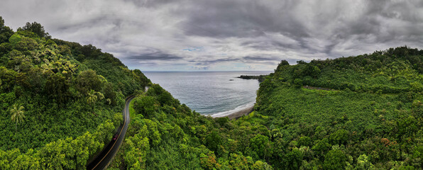 Bird view to the Hawaiian Island of Maui and fly with me along the road to Hana which is embedded...