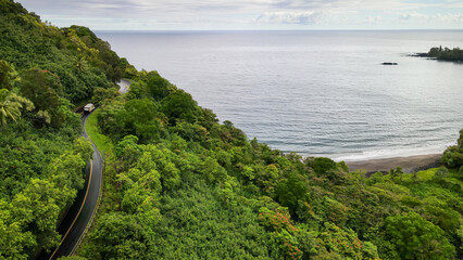 Bird view to the Hawaiian Island of Maui and fly with me along the road to Hana which is embedded...