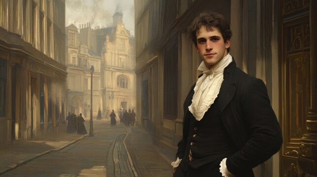 A Young Man in Regency Era Clothing Stands on a Parisian Street