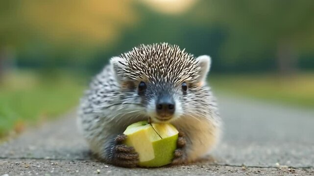 A small hedgehog nibbles on a slice of fruit with curiosity. The adorable scene highlights the animal's innocence and charm in a natural setting.