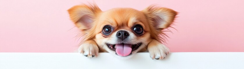 Adorable Chihuahua puppy peeking over a white surface, bright and playful expression.