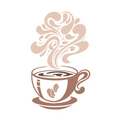 Brown Stylized Coffee Cup with Steam Vector Illustration in Mocha Mousse Trendy Colors for Logo Design