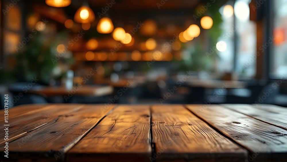 Poster a nighttime bar and restaurant with an empty wooden table platform and a blurred background bokeh. s