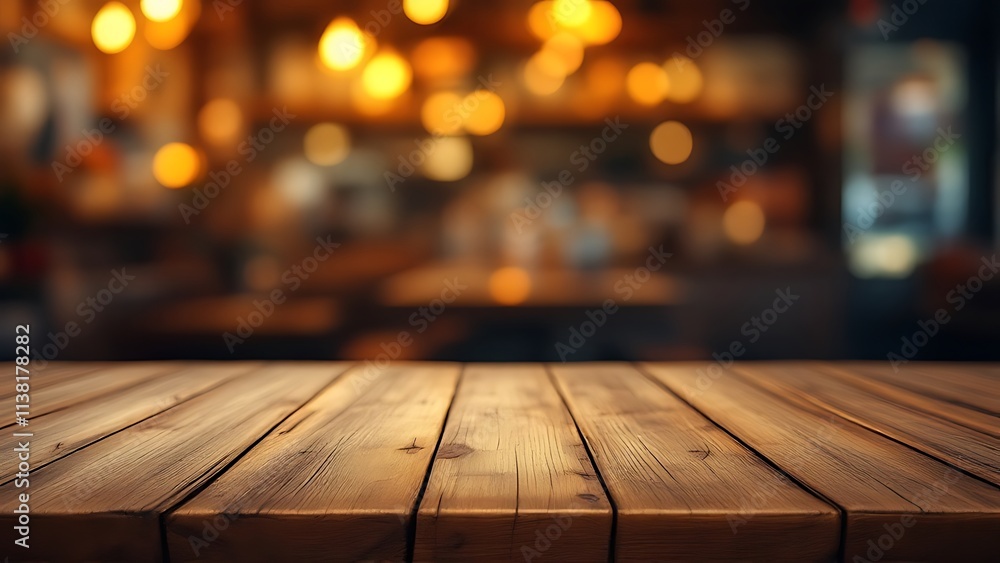 Poster a nighttime bar and restaurant with an empty wooden table platform and a blurred background bokeh. s