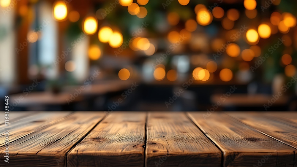 Poster a nighttime bar and restaurant with an empty wooden table platform and a blurred background bokeh. s