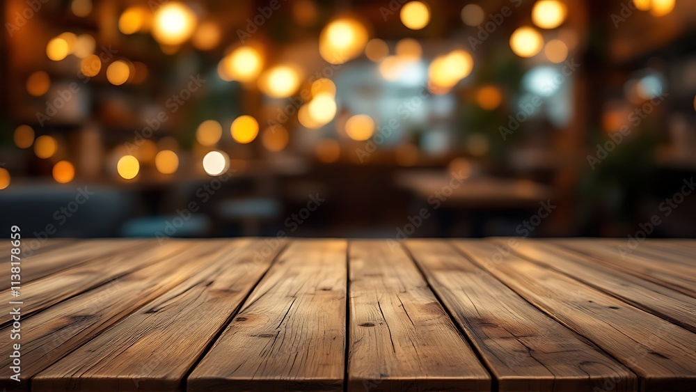 Poster a nighttime bar and restaurant with an empty wooden table platform and a blurred background bokeh. s