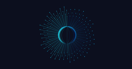 Abstract Geometric Energy Curve. Trendy 3D Technology in 80s-90s Style for Promos, Banners, Posters, Social Media, Cards, and Covers. Background Chaotic Graphic Line, Circles. Cyber, Hi-tech