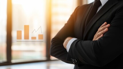 business mindset leadership goals concept, A business professional stands with arms crossed, showcasing confidence in a modern office with a background of growth charts.