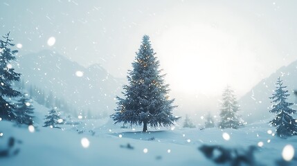 Naklejka premium A Christmas tree stands in the snow in front of a mountain