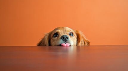 Adorable dog peeking over a table with a curious expression and playful demeanor.