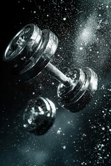 A dynamic shot of gym weights flipping mid-air, with dust particles flying and chrome details glowing under strong lighting