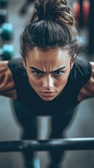 A focused woman performing push-ups in a gym, showcasing strength and determination.