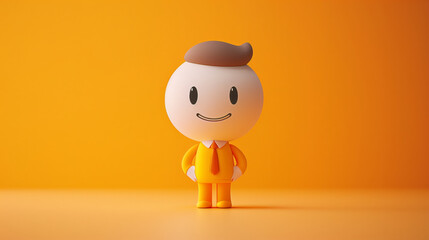 A cute toy figure of a man in a business suit with a smiling face stands against a bright yellow background. The figure's simple and cheerful design exudes a playful and positive vibe.