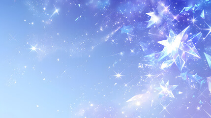 Glimmering crystal stars sparkle against a soft blue backdrop, creating a dreamy, ethereal atmosphere.
